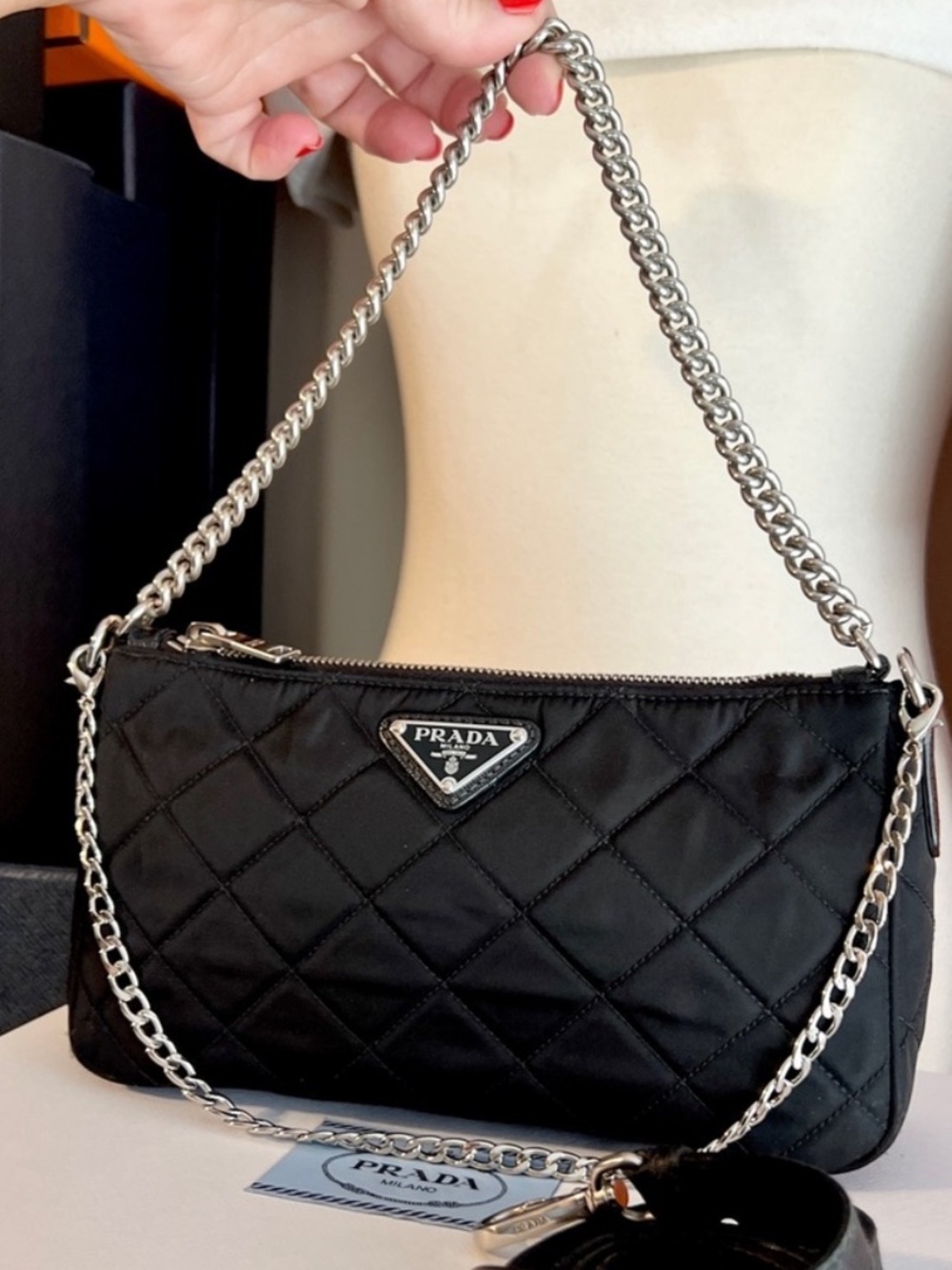 PRADA!! Authentic Prada bag! Black Quilted Nylon Bag with Silver Chain! Offers! - Picture 6 of 16